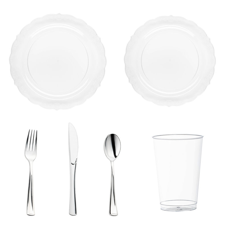 Clear Vintage Round Disposable Plastic Wedding Value Set - 60 Settings