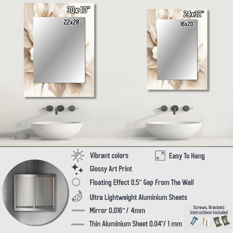 Simple fleur beige III - miroir décoratif floral, miroir mural traditionnel, impression d'art en métal, 40 po x 30 po
