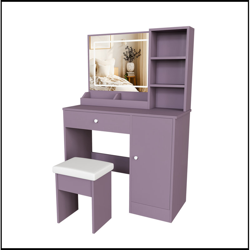Vanity Desk Set with Padded Stool and Adjustable LED Lighted Mirror