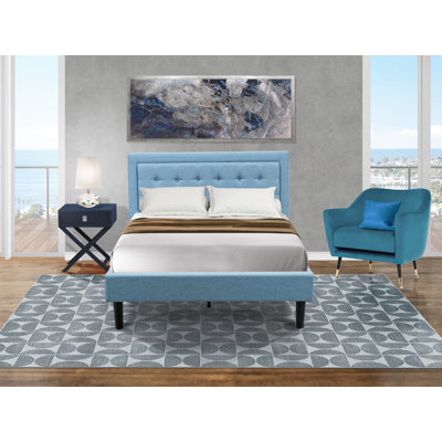Ensemble de chambre à coucher Fannin 2 pièces pour lit double, comprenant un cadre de lit en bois et une table de chevet de style moderne du milieu du siècle - Fabrication fiable et durable - Tissu en lin bleu denim