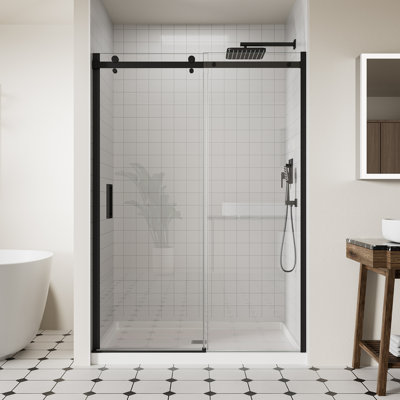 Frameless Sliding Shower Door, Glass Shower Door with 5/16" (8mm) Clear SGCC Tempered Glass, Easy-Clean Coating, 50-54" W x 74" H Matte Black Finish Shower Doors, Reversible Installation