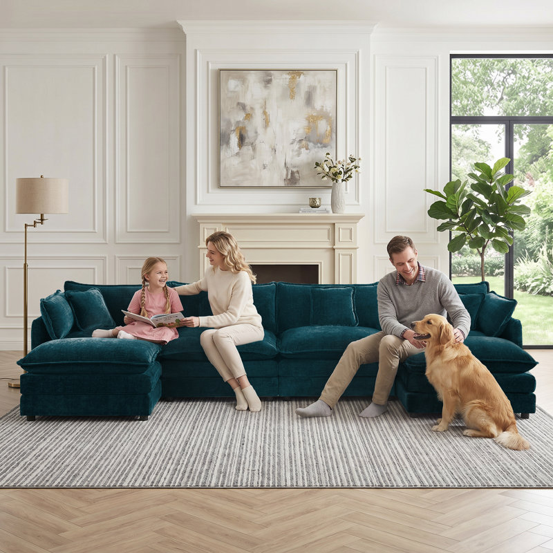 Clitheroe 6-Pieces Large Modular U-Shaped Sectional Sofa, Chenille Upholstered Couch with 2 Removable Ottomans, Blue Chenille