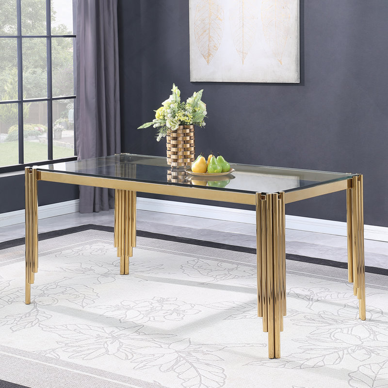 Table de salle à manger rectangulaire en verre de 65 po, plateau et pieds en verre trempé, table de style moderne pour la maison, la cuisine, la salle à manger