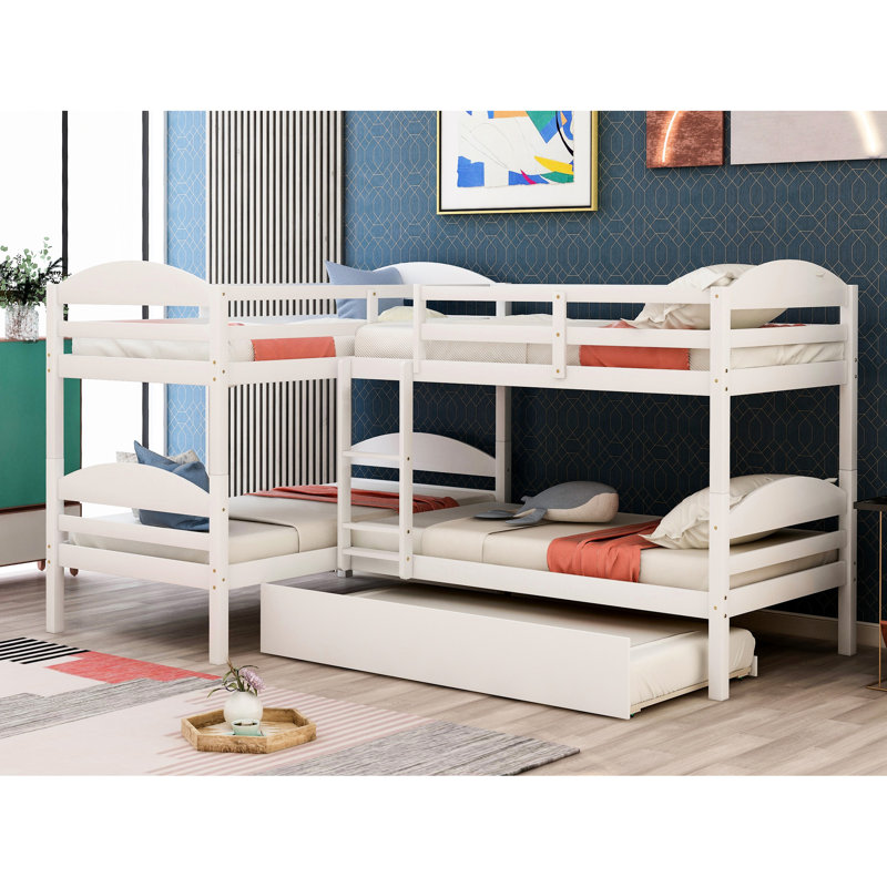 Lit simple superposé en L avec lit gigogne - blanc. Fabrication en bois massif. Polyvalent pour le divertissement familial. 6 ans et plus. Pas de boîte à ressorts. Lit gigogne blanc 300 lb Structure solide. Extra