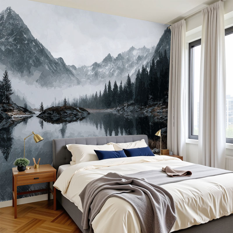 Papier peint auto-adhésif Mountain Lake Nature Landscape Forest Paintings Modern Office Wall Wallals, L 144 po x l 100 po