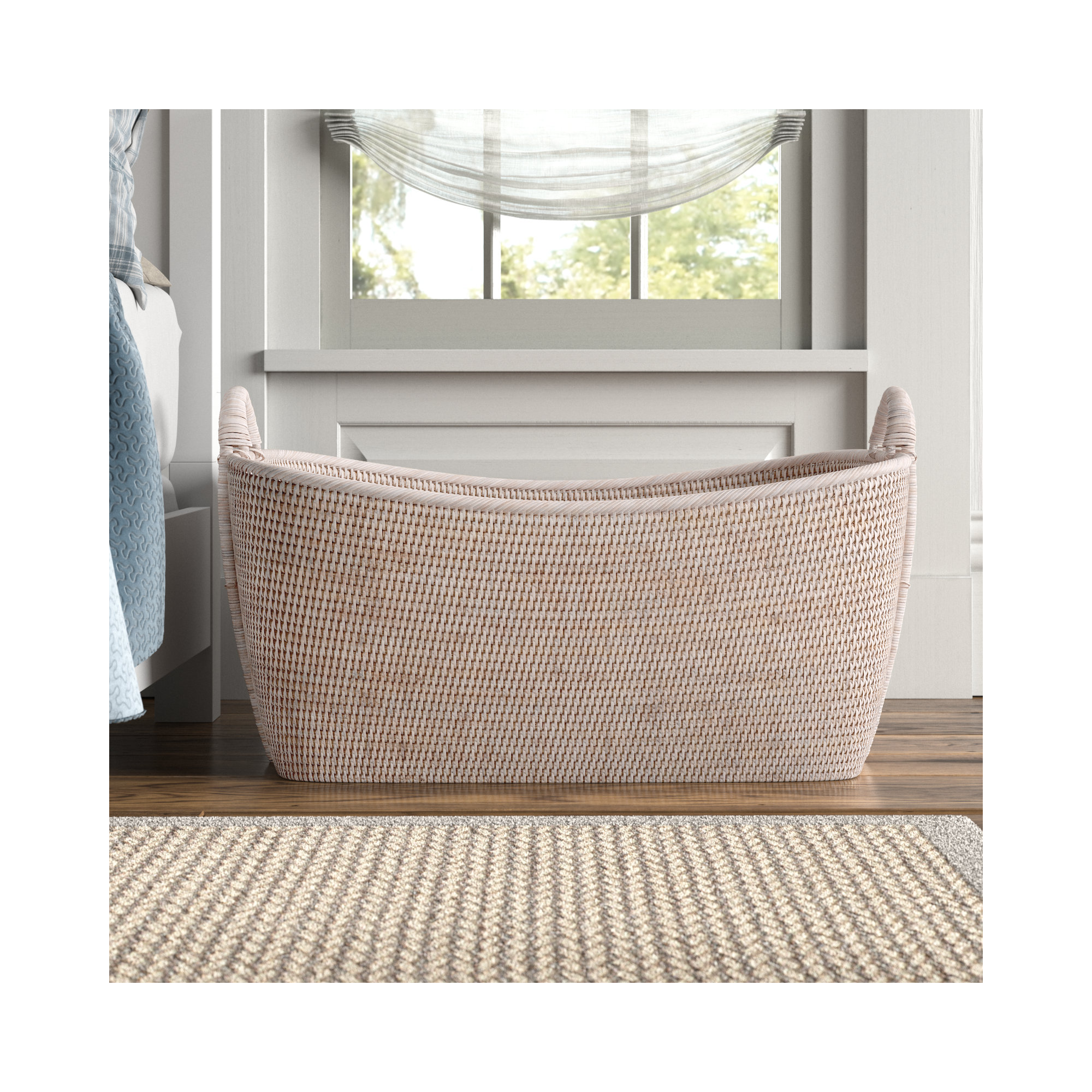 Thelma Handmade Rattan Decorative Basket 1, White Wash, 14" H x 31" W x 25" D