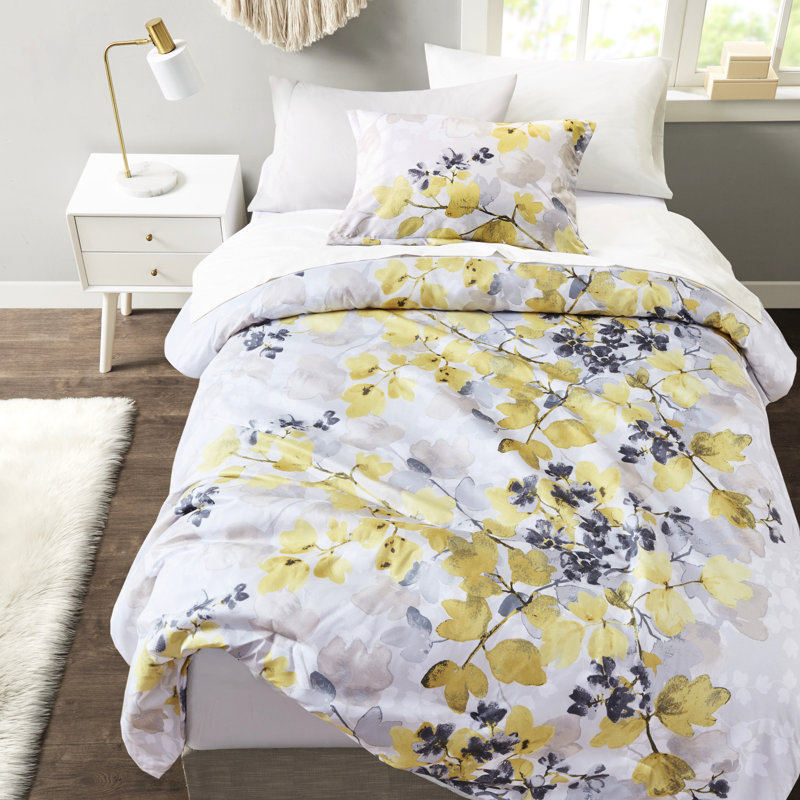 Yellow Comforter And Sheet - Full Size Botanical Pattern Modern With Sheets Filling, Full Comforter + 8 Additional Pieces