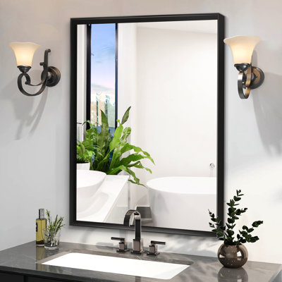 40x30inch Bathroom Wall Mirror Black Glossy - Rectangular Metal Frame Beveled Edge Hd Reflection, Rust , Simple Installation Within A Short Time For Vanity With Clear And Rustproof, Easy Steps