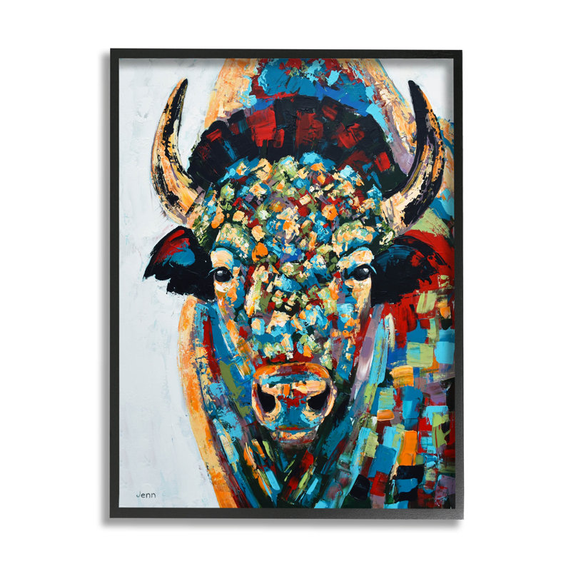 Abstrait bison, art kaléidoscopique, estampe numérique par Jen Seeley, L 24 po x H 30 po, Giclée encadrée noir minuit