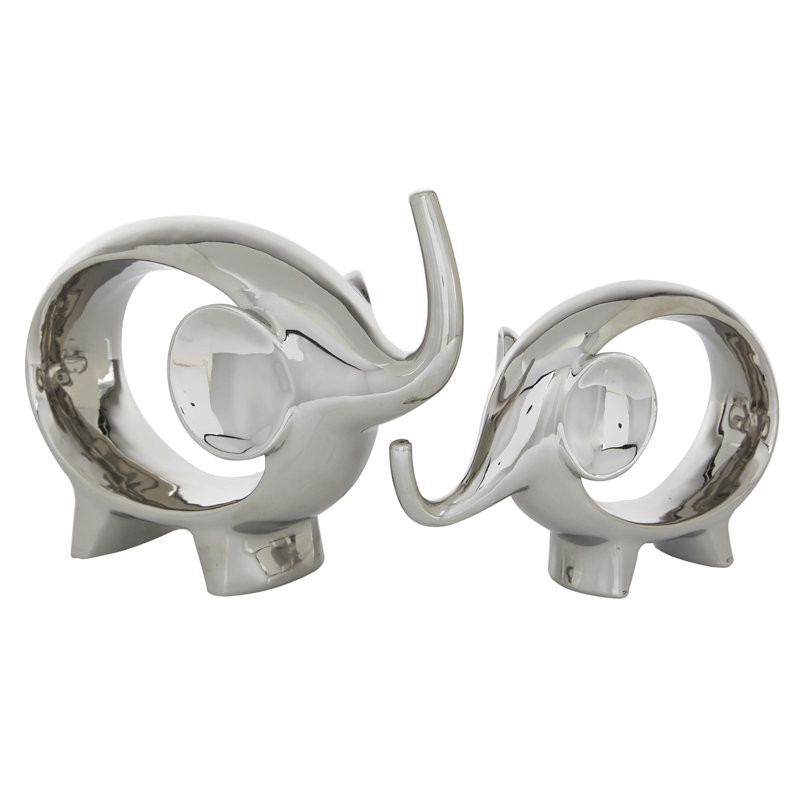 Porcelain Ceramic Elephant Decorative Sculpture Set, Silver