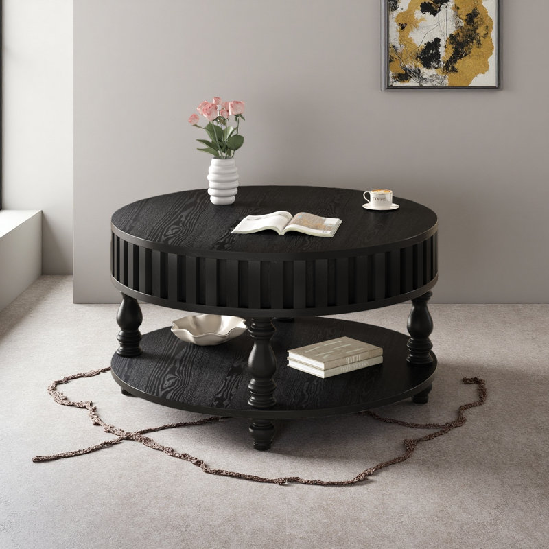 Table basse cannelée moderne avec rangement, table centrale avec couvercle rabattable, pieds robustes en bois massif, Noir