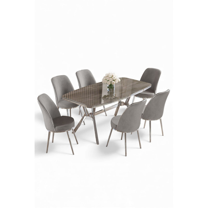 Ensemble de table et chaises de salle à manger (7 pièces), 7 Pieces: Table, 6 Chairs, Grey, Anthracite/Chrome