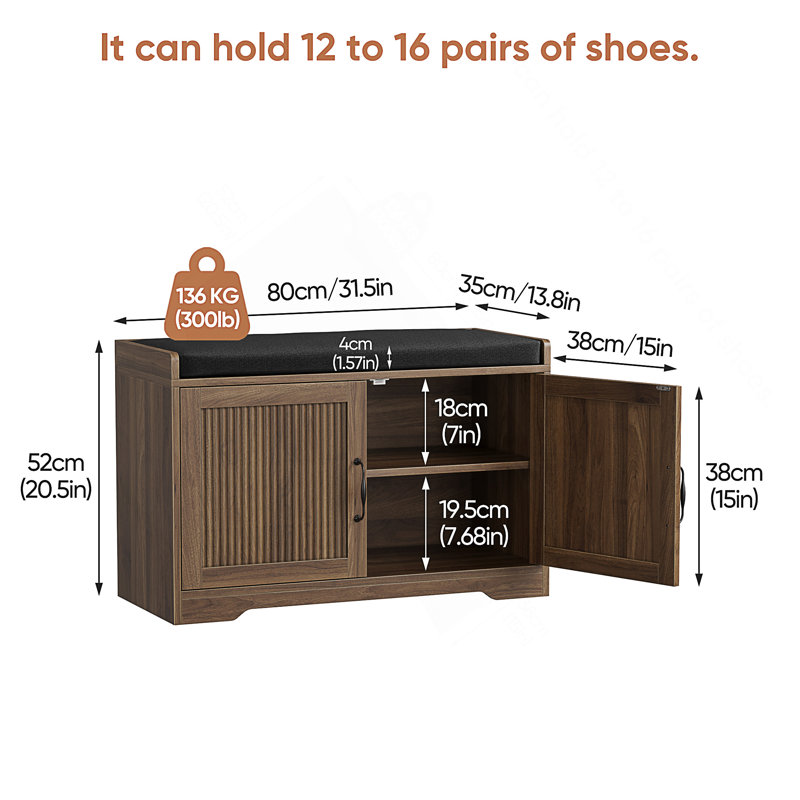 Banc à chaussures d'entrée avec portes doubles et siège rembourré
