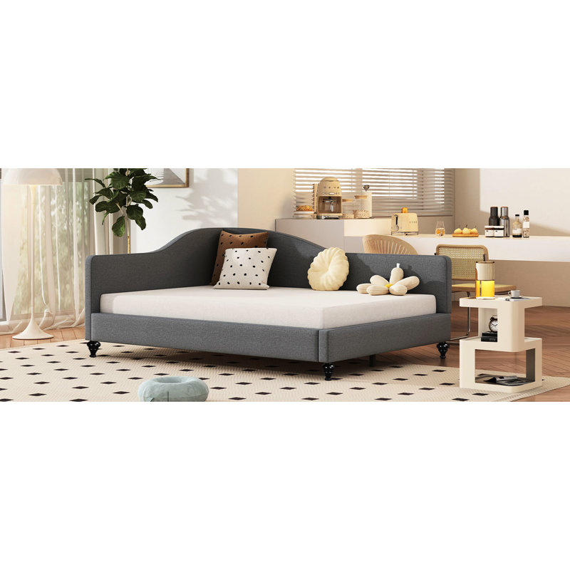 Lit de jour en lin avec pieds en bois massif gris, produit de qualité en L gris et élégant, Gris
