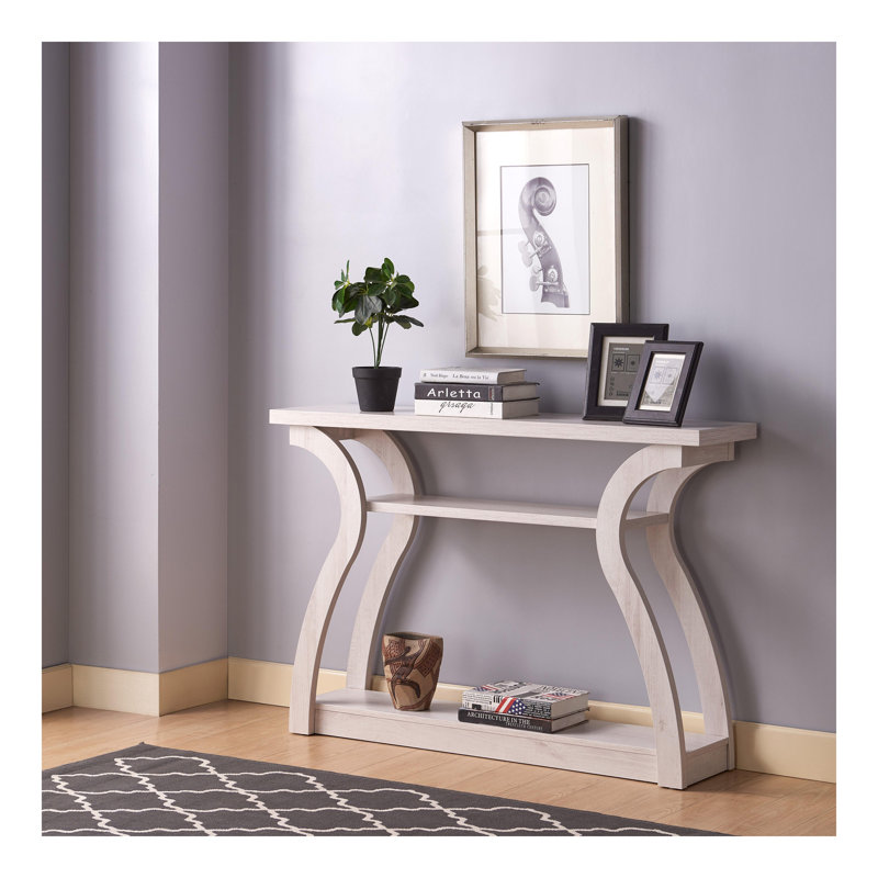 Entryway Sofa Hall Console Curvy Leg Design Two Shelves Thick Top Panel White Oak Color
