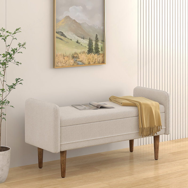 Teddy Fabric Storage Bench with Wood Legs, Beige