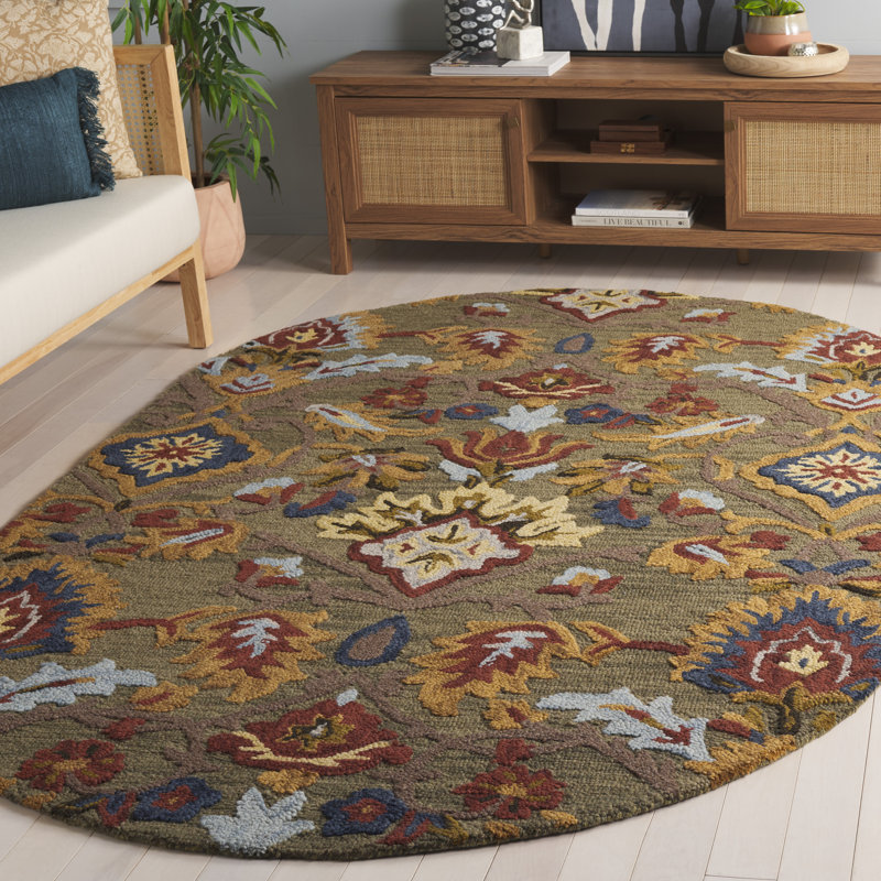 Tapis vert / multicolore en laine fait à la main Tansy, Ovale 5 pi x 8 pi