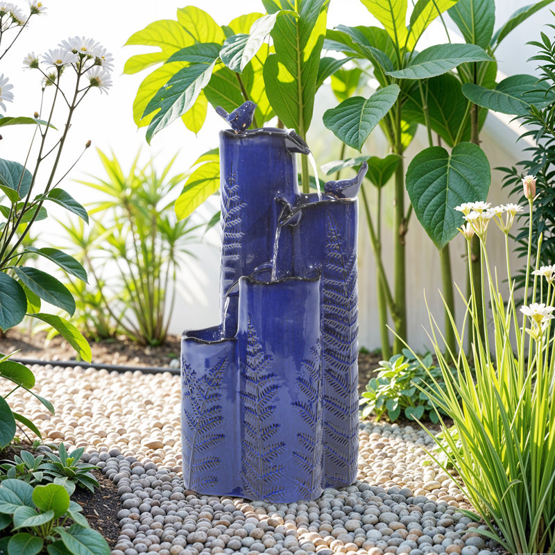 32"H 4-Tier Vase Ceramic Outdoor Fountain with LED Light, Bleu cobalt