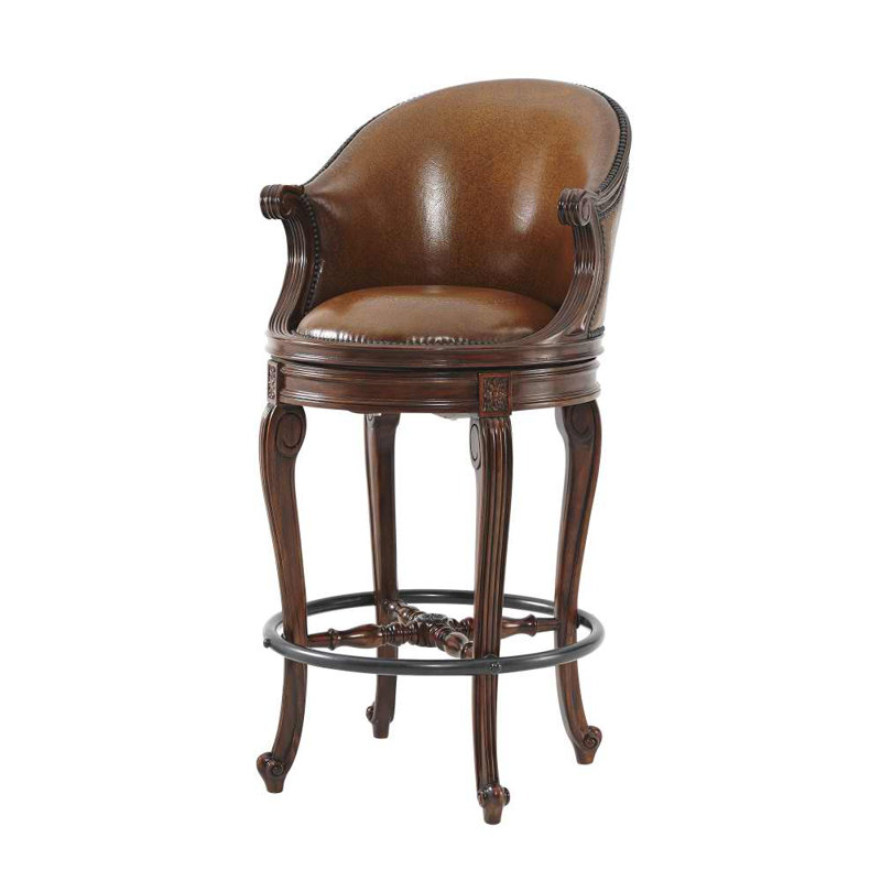 Brown Leather Swivel Counter Stool with Wood Frame