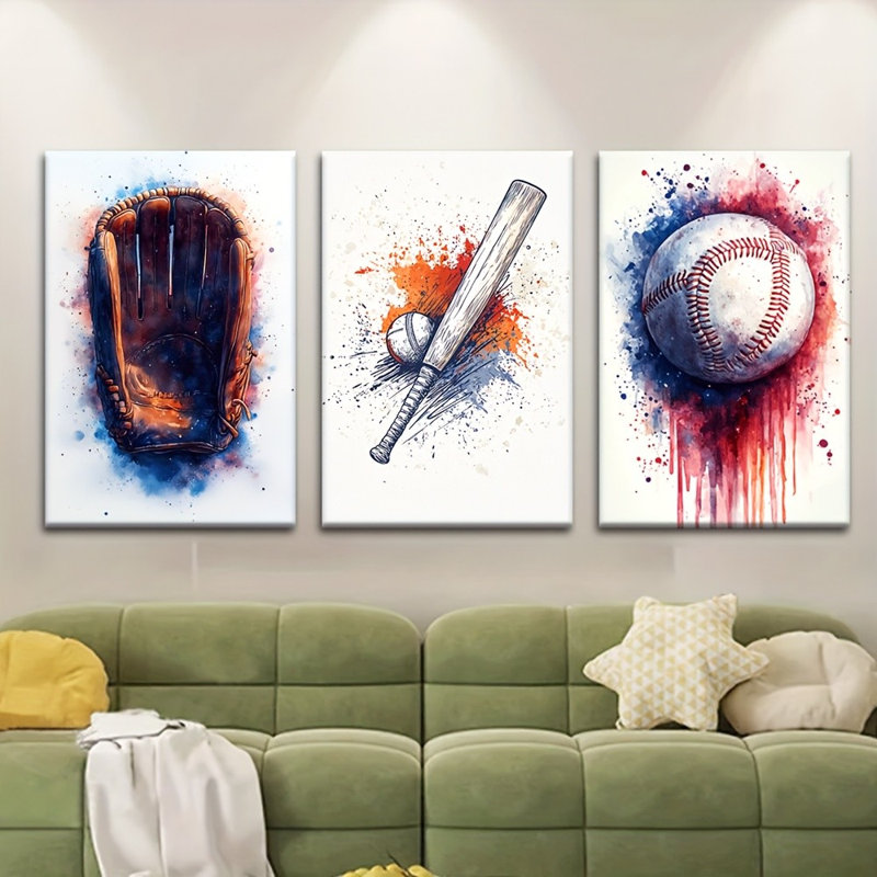 «Trendy Baseball Watercolor», reproduction sur toile 3 pièces - Man Cave, 12 x 8 pouces 3 pièces