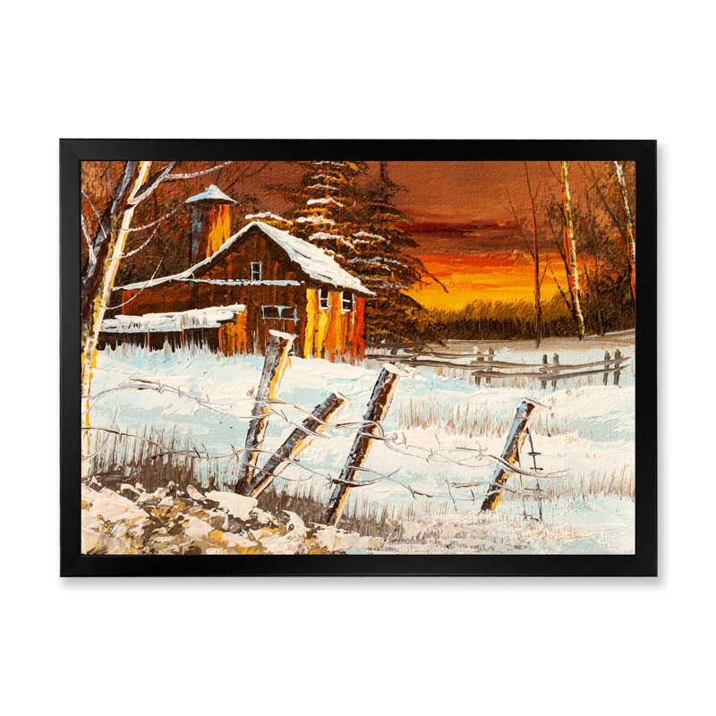 «Old Barn in Evening Winter Times», reproduction sur toile, Cadre noir, H 8 po x l 12 po x P 1 po