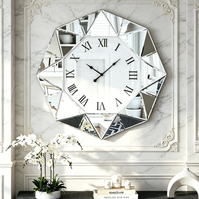 Belsy 55cm Silver Mirrored Glass Silent Wall Clock