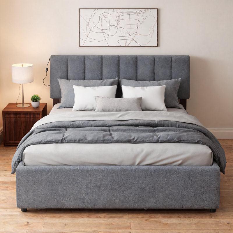 Gray teddy bear plush platform bed, full size, with built-in pull-out single extendable bed design.