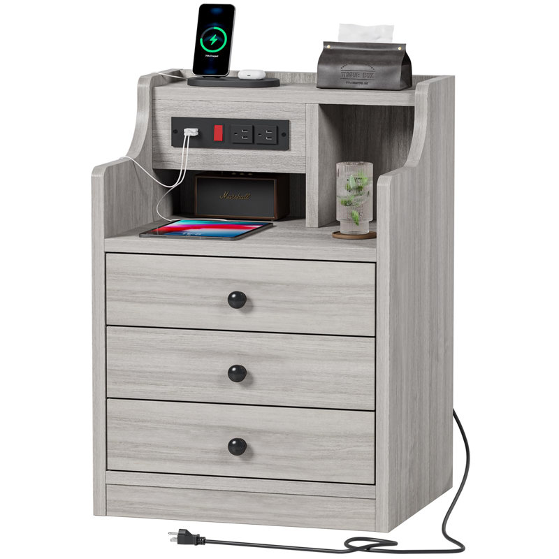 17.7'' W White Nightstand - Charging Station, Hutch Top, 3 Storage Drawers - Modern Design, Gray