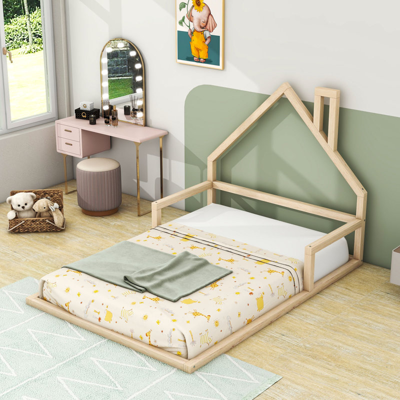 Lit en bois avec tête de lit et lattes ludiques, Naturel, Double