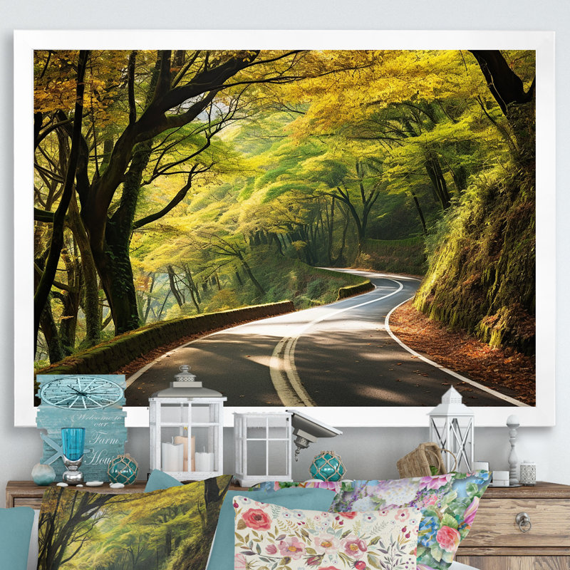 Route verte dans la forêt II - art mural route, Cadre de coin blanc fermé, H 16 po x l 32 po x P 1 po