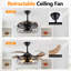 Ventilateur de plafond moderne noir avec lumière, vitesse réglable pour le salon, la chambre à coucher, la salle à manger (silencieux / 6 vitesses / réversible / moteur à courant continu) (ampoule non incluse)