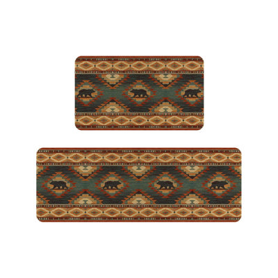 Brown Bear Aztec Kitchen Mats, 2 Pcs Rustic Home Decor Rugs For Kitchen & Cabin