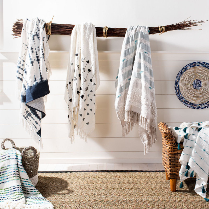 Contemporary King-Sized Grey and White Cotton Knitted Throw