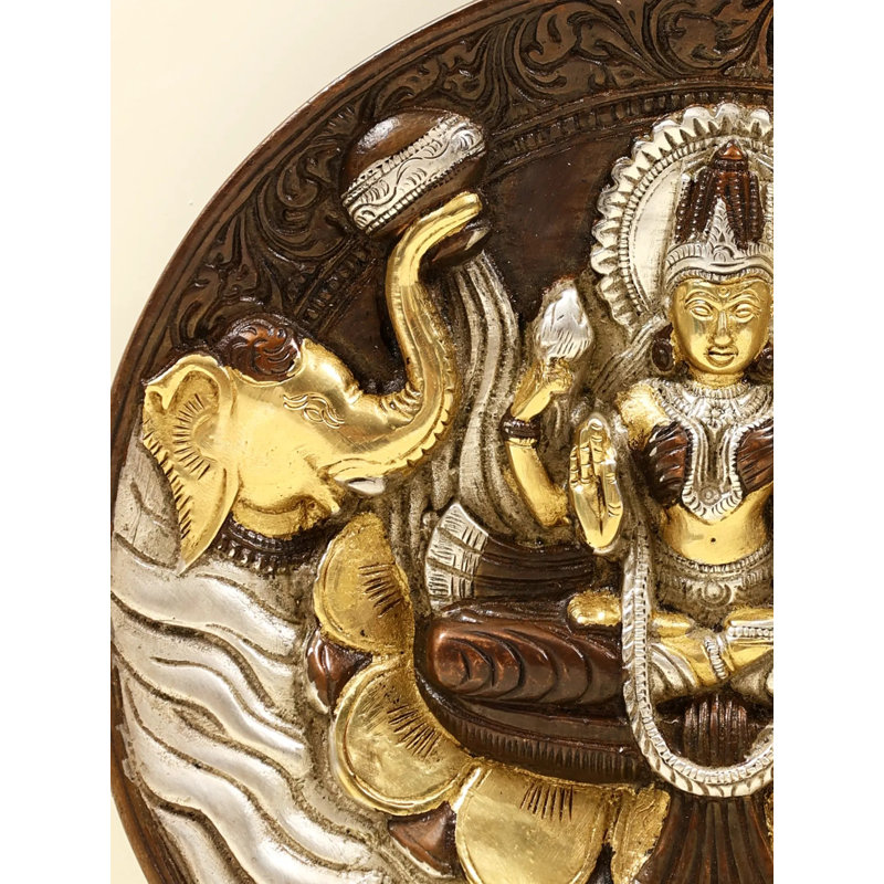 Plaque murale en laiton déesse Lakshmi, 7,5 pi, décor sacré de style indou avec éléphants, art indien traditionnel pour vestibule et salle de méditation