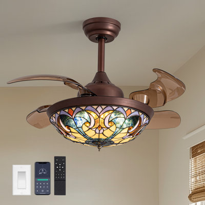 Ventilateur de plafond 36 po à pales rétractables avec lumière DEL et télécommande, ventilateur de vitrail Tiffany