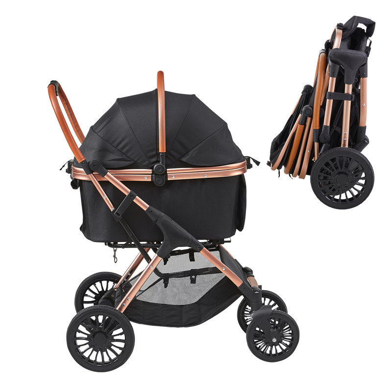 Pet Stroller, 4 Wheels Dog Stroller Rotate with Brakes, 66 lbs Weight Capacity, Puppy Stroller with Detachable Carrier, Storage Basket and Pet Pad, Black, Designed for Small to Medium Sized Dogs