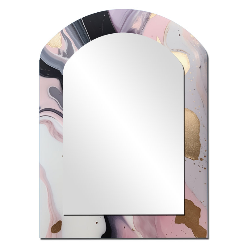 Rose et or mystérieux marbre III - miroir asymétrique en marbre, miroir mural unique arche rose, impression d'art en métal