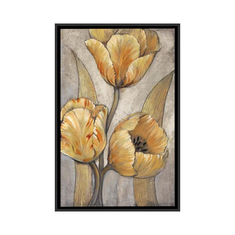 Ocre et tulipes grises I - reproduction sur toile, H 26 po x l 18 po x P 1,5 po, Toile avec cadre noir