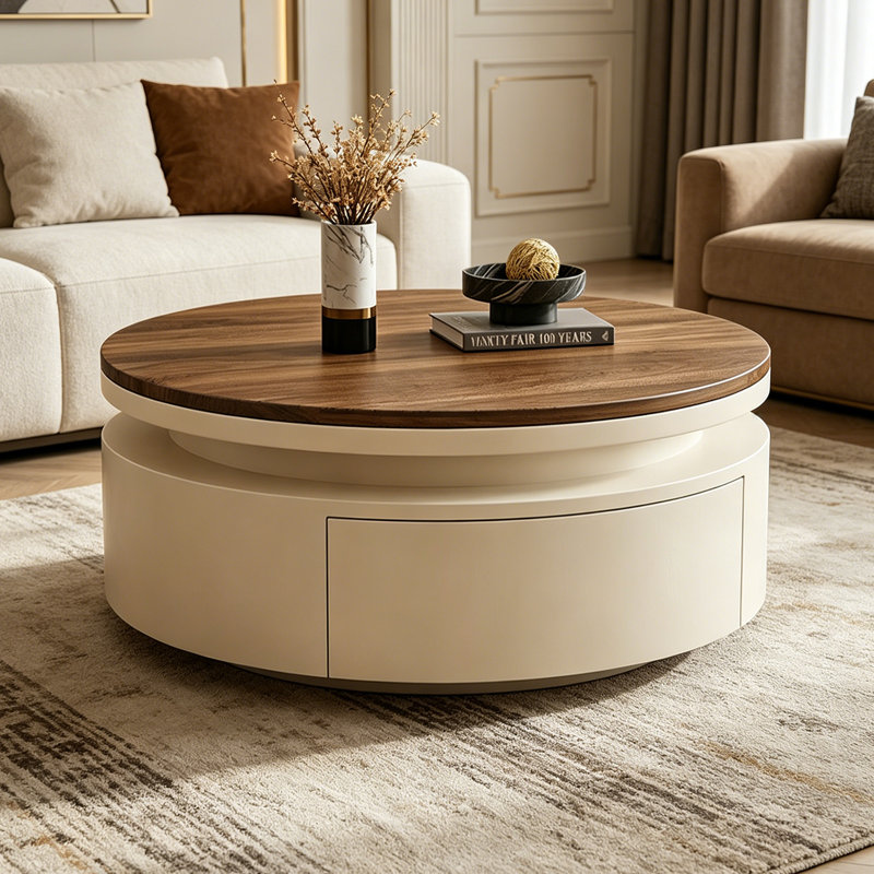 Table basse French Vintage, H 13,38 po x L 27,55 po x l 27,55 po, Brun noisette / crème
