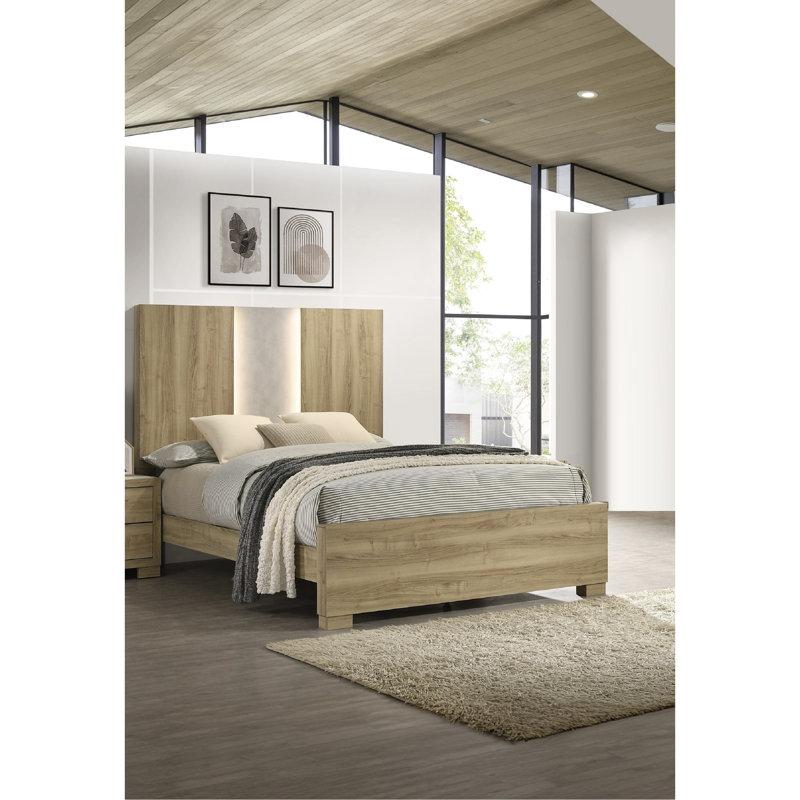 Lit à panneau 1pc contemporain avec éclairage intégré bois flotté, Grand lit