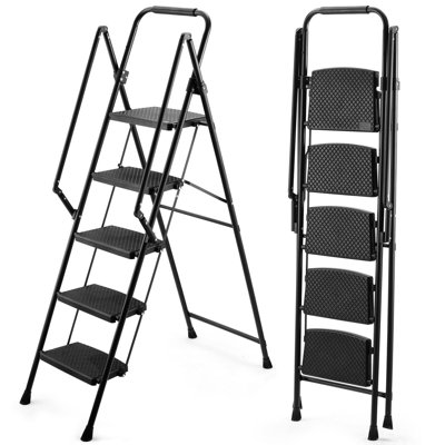 Échelle à 5 marches, tabouret pliant en échelle, avec pédales larges antidérapantes, échelle en acier, avec poignée antidérapante sécuritaire, tabouret en acier portable léger de 330 livres en noir