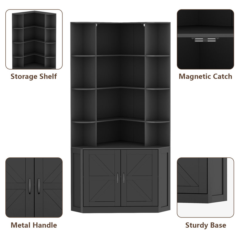 6 Tier Bookshelf With Doors, Corner Bookcase With Storage Cabinet, L-shaped Book Shelf With 8 Open Racks, Farmhouse Etagere Bookshelf With Full Baffle For Living Room, Black