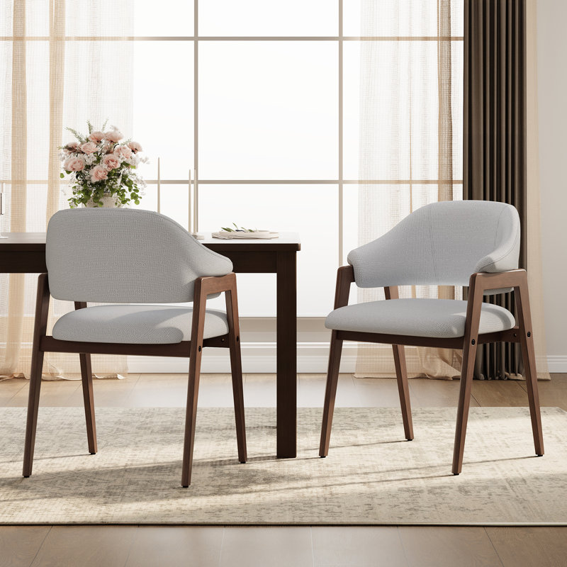 Fauteuil de salle à manger moderne et minimaliste rembourré en lin avec pieds en bois massif, Tissu gris