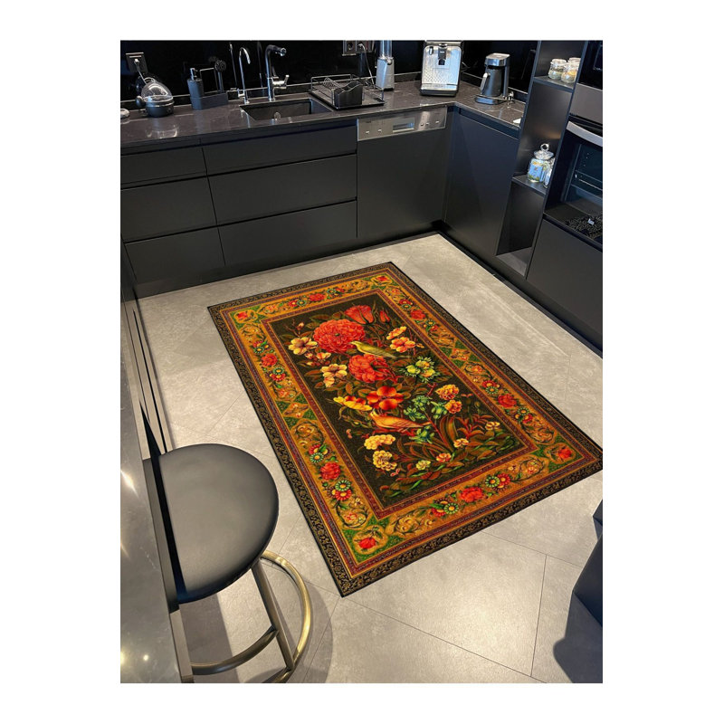 Tapis lavable à motif floral moderne encadré, Tapis de couloir 4 pi 11 po x 9 pi 10 po