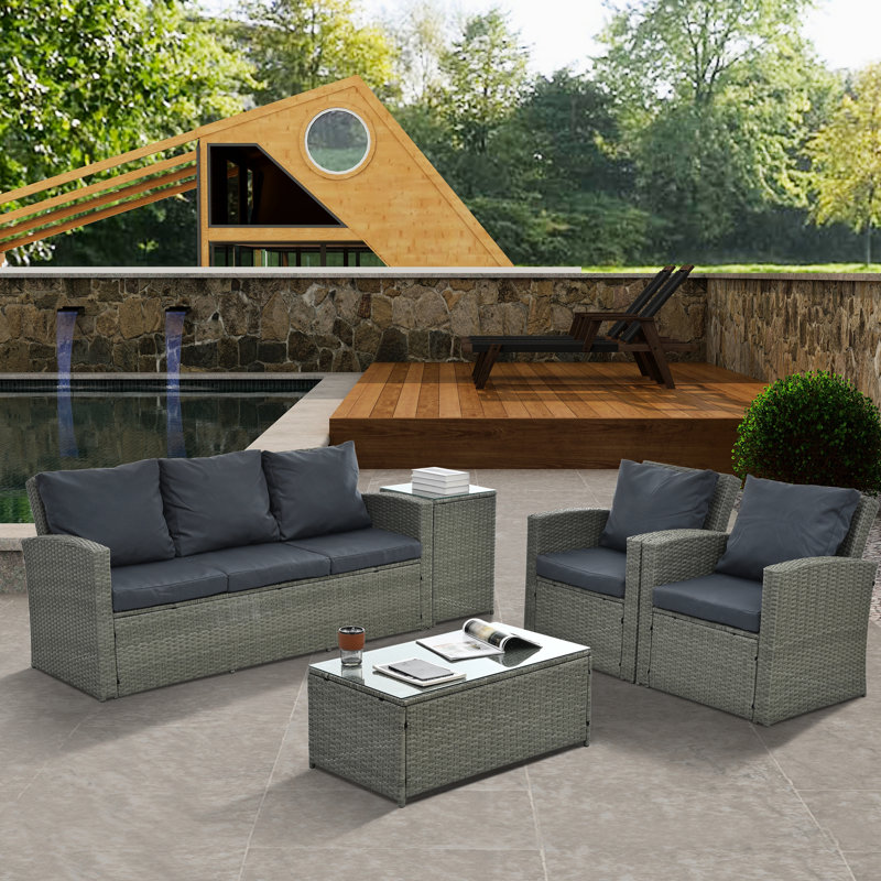 Mobilier de patio 5 gris foncé: PE avec table et plateau en verre trempé