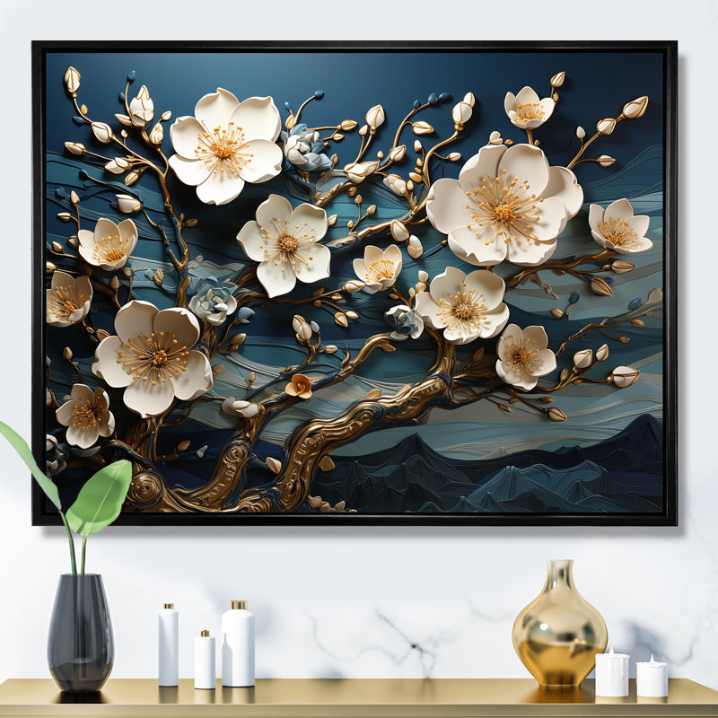Orchidée blanche et bleue, branches d'arbre IV - arbre, art mural, Cadre flottant noir, H 16 po x l 32 po x P 1 po