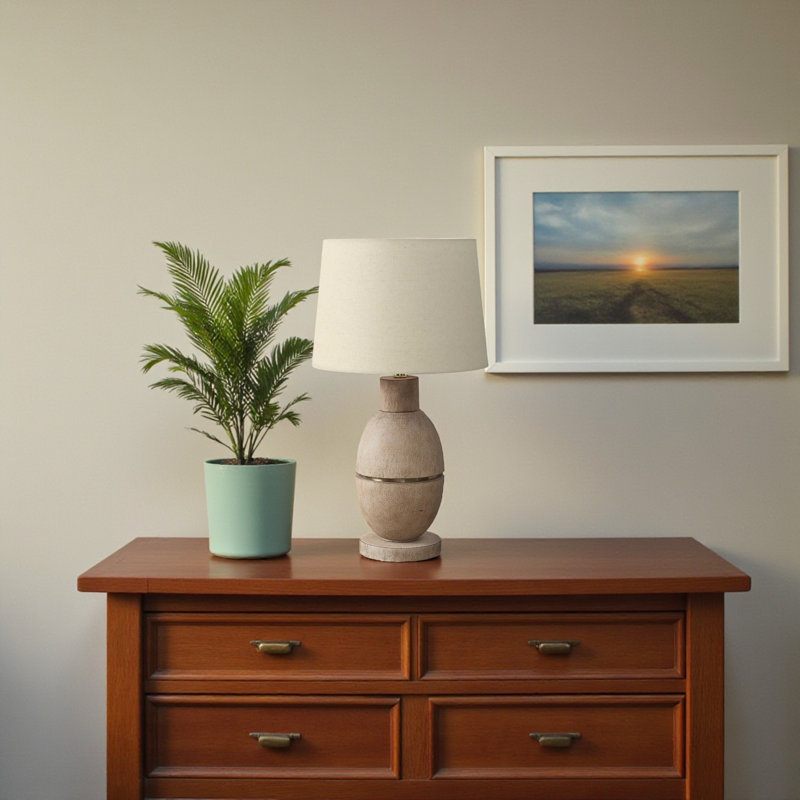 Leni Standard Resin Table Lamp in Beige and Linen Shade, 24.72'' H X 13.8'' W X 13.8'' D