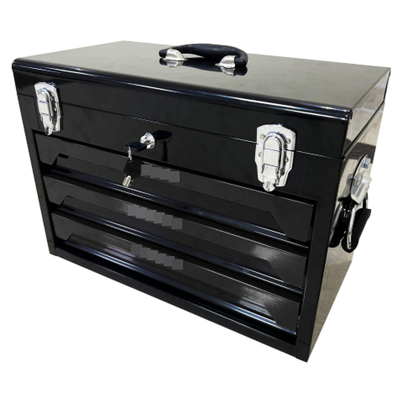 Boîte à outils 20 po portative 3 en métal avec agrégations d'outils, glissière à roulement, capacité de 15 kg, plateau de rangement supérieur, poignée, pour le garage, la maison, la zone de travail, coffre en acier noir, glissières, porte-outils, poste de travail,