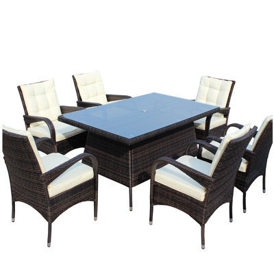Patio 7-Piece Rectangular Dining Set with 6 Dining Chairs (Brown &Beige Cushion )
