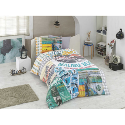Ensemble de housse de couette 100% coton blanc / vert / jaune Finger